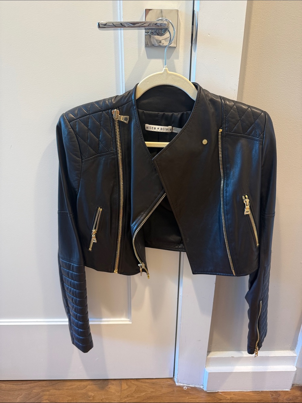 Alice + Olivia Black Cropped Quilted Leather Moto Jacket with Gold Hardware